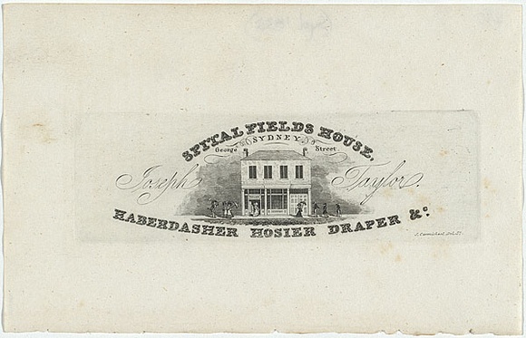 Artist: b'Carmichael, John.' | Title: b'Advertisement: Spital Fields House, Haberdasher, hosier, draper &c.' | Date: 1834 | Technique: b'engraving, printed in black ink, from one copper plate'