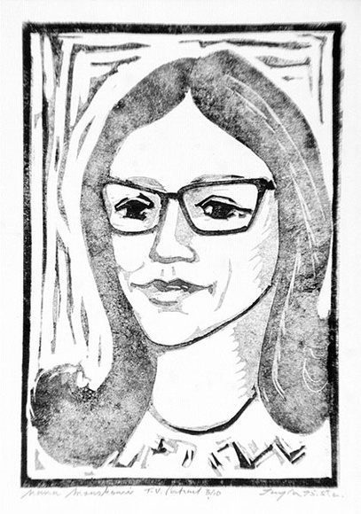 Artist: b'Taylor, John H.' | Title: b'Nana Mouskouri, TV portrait' | Date: 1975 | Technique: b'linocut, printed in black ink, from one block'