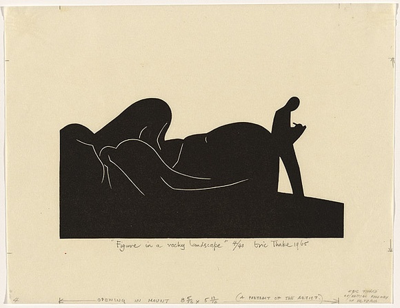 Artist: b'Thake, Eric.' | Title: b'Figure in a Rocky Landscape' | Date: 1965 | Technique: b'linocut, printed in black ink, from one block'