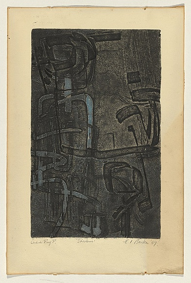 Title: b'Shadows' | Date: 1957 | Technique: b'etching, printed in black and blue ink, from two plates'