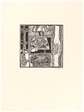 Artist: Burchill, Tracey. | Title: not titled (top of girl's head, two hands and a pile of books) | Date: 1989, August | Technique: linocut, printed in black ink, from one block