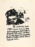 Artist: Heyes, Ken. | Title: A picture from 1937 shows him in the Bibliotheque Nationale in Paris. Two men, neither of whose face can be seen, share a table some distance behind him. | Date: 1984 | Technique: photocopy