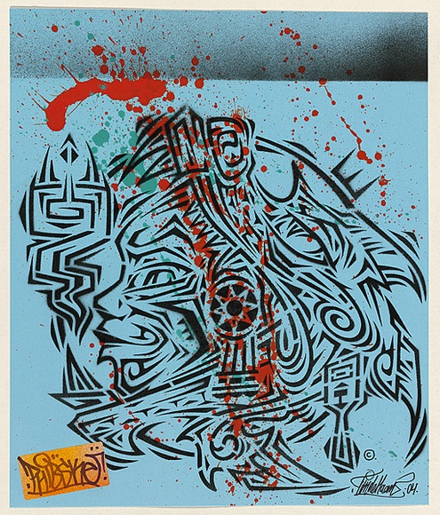 Artist: b'PHIBS,' | Title: b'Blue Aztec.' | Date: 2004 | Technique: b'stencil, printed in black ink, from one stencil; orange paint; sticker'