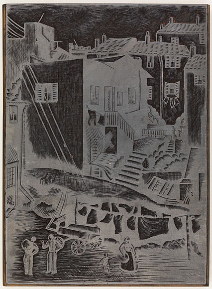 Artist: b'Rees, Ann Gillmore.' | Title: b'not titled [Street scene, washing drying]' | Date: c.1942 | Technique: b'engraved woodblock'