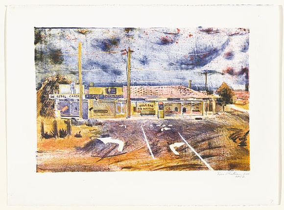 Artist: b'Juntunen, Timo.' | Title: b'not titled (streetscape of carpark with shops in background)' | Date: 2000, May | Technique: b'lithograph, printed in colour, from multiple stones'