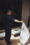 Artist: b'LOANE, John' | Title: b'Mike Parr with lithographic stones Viridian Press, Olinda, Victoria.'