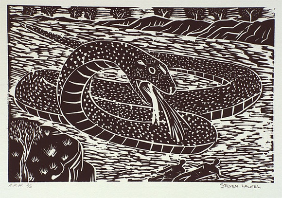 Artist: b'Laurel, Steven.' | Title: b'The snake at the two kids' | Date: 2001, August - September | Technique: b'linocut, printed in black ink, from one block'