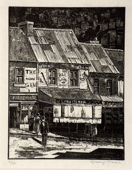 Artist: b'Owen, Gladys.' | Title: b'Old houses, Darling Point' | Date: 1930 | Technique: b'wood-engraving, printed in black ink, from one block' | Copyright: b'\xc2\xa9 Estate of David Moore'