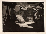 Artist: b'Hawkins, Weaver.' | Title: b'Market' | Date: c.1923 | Technique: b'etching and aquatint, printed in black ink, from one plate' | Copyright: b'The Estate of H.F Weaver Hawkins'