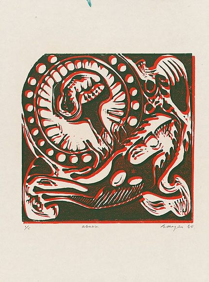 Artist: b'MEYER, Bill' | Title: b'Abortion logo for Bea Faust' | Date: 1964 | Technique: b'linocut, printed in two colours, from reduction block process' | Copyright: b'\xc2\xa9 Bill Meyer'