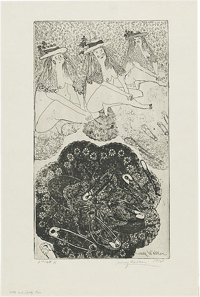 Artist: b'WALKER, Murray' | Title: b'Stella and safety pins.' | Date: 1972 | Technique: b'softground-etching, printed in black ink, from one plate'