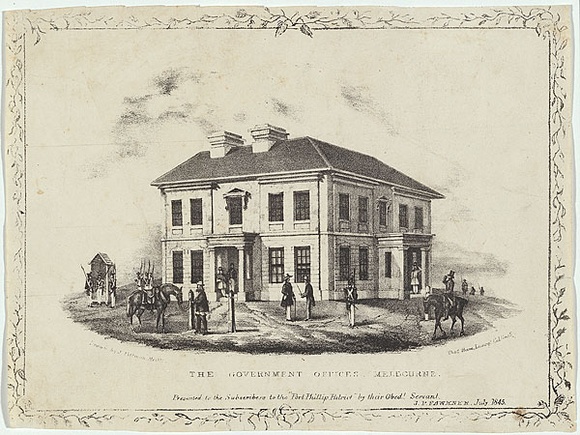 Title: b'The government offices, Melbourne.' | Date: 1845 | Technique: b'lithograph, printed in black ink, from one stone'