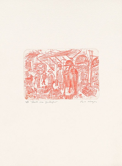 Artist: b'MEYER, Bill' | Title: b'Shouk near Yehezkiel' | Date: 1992 | Technique: b'etching, printed in red ink, from one zinc plate' | Copyright: b'\xc2\xa9 Bill Meyer'