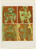 Artist: b'HANRAHAN, Barbara' | Title: b'Four little men' | Date: 1964 | Technique: b'etching, printed in colour, from four copper plates'