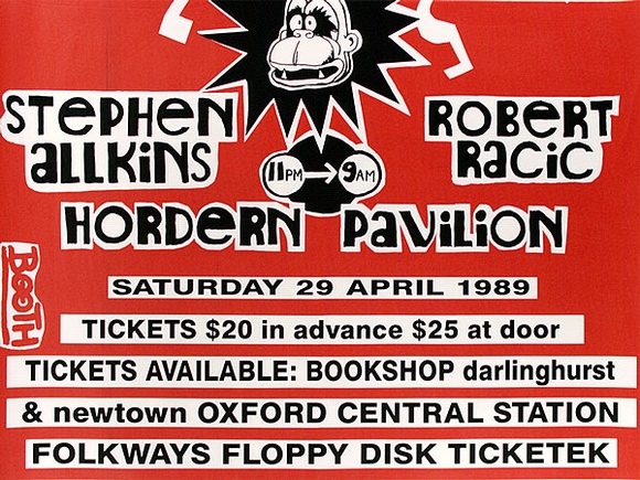 Artist: b'VARIOUS' | Title: b'Big Time. Stephen Allkins, Robert Racic, Hordern Pavillion. [large version, bottom]' | Date: 1989 | Technique: b'screenprint, printed in colour, from two stencils'