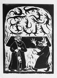 Artist: Allen, Joyce. | Title: (Wizard Agonis protecting Pai Korri and Winnie from Wizard Lambertia) (Illustration 7). | Date: 1987 | Technique: linocut, printed in black ink, from one block