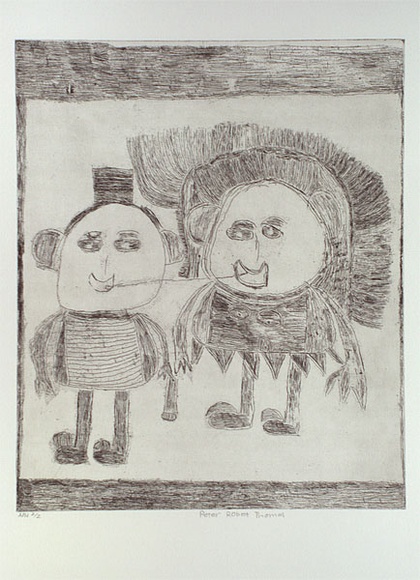 Artist: b'THOMAS, Peter' | Title: b'not titled [two figures within frame]' | Date: 2000, February | Technique: b'etching, printed in black ink, from one plate'