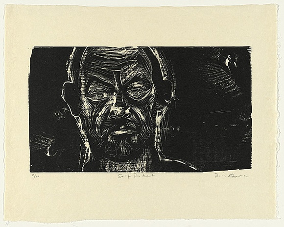 Artist: b'AMOR, Rick' | Title: b'Self portrait.' | Date: 1990 | Technique: b'woodcut, printed in black ink, from one block'