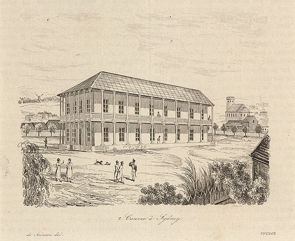 Title: Caserne à Sydney [Barracks in Sydney] | Date: 1835 | Technique: engraving, printed in black ink, from one steel plate