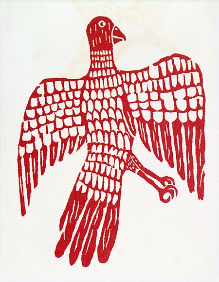 Artist: b'Artist unknown' | Title: b'Flying bird' | Date: 1970s | Technique: b'woodcut, printed in black ink, from one block'