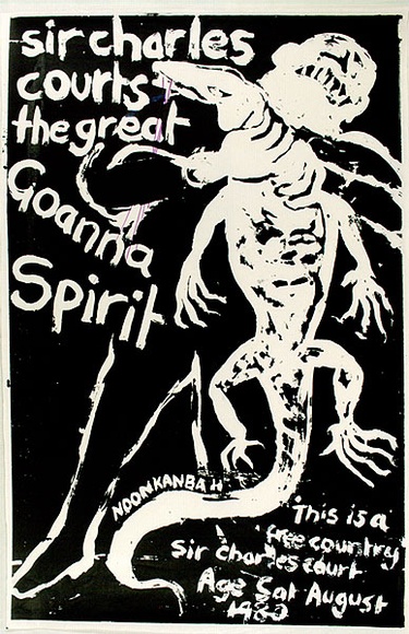 Artist: b'Gibb, Viva Jillian.' | Title: b'Sir Charles Courts the great Goanna Spirit. Noonkanbah.' | Date: 1980 | Technique: b'screenprint, printed in black ink, from one stencil'