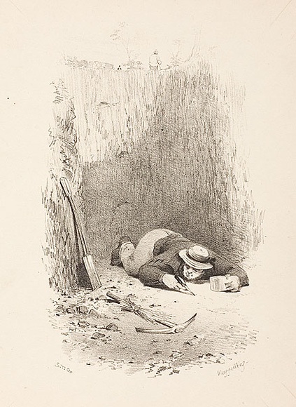 Artist: b'GILL, S.T.' | Title: b'Nuggetting.' | Date: 1852 | Technique: b'lithograph, printed in black ink, from one stone'