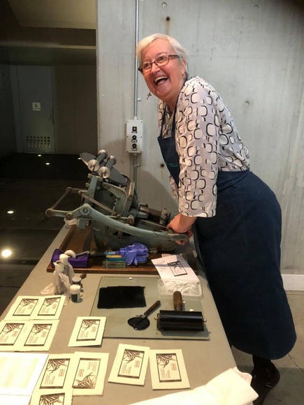 Title: b'Dianne Longley, printing at her Agave Print Studio, Trentham, Victoria.'