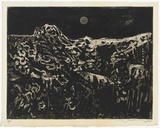 Artist: SELLBACH, Udo | Title: (Landscape with moon) | Date: 1963 | Technique: etching, aquatint, deep etch printed in black ink, from one  plate with plate-tone