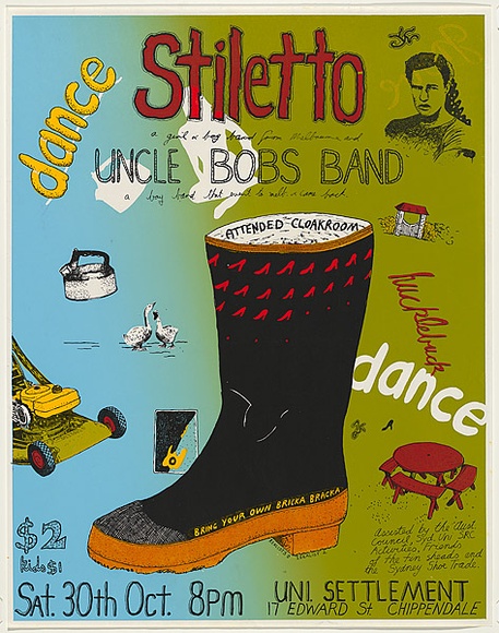 Artist: b'WORSTEAD, Paul' | Title: bStiletto, Uncle Bob's Band | Date: 1976 | Technique: b'screenprint, printed in colour, from four stencils' | Copyright: b'\xc2\xa9 Toni Robertson'