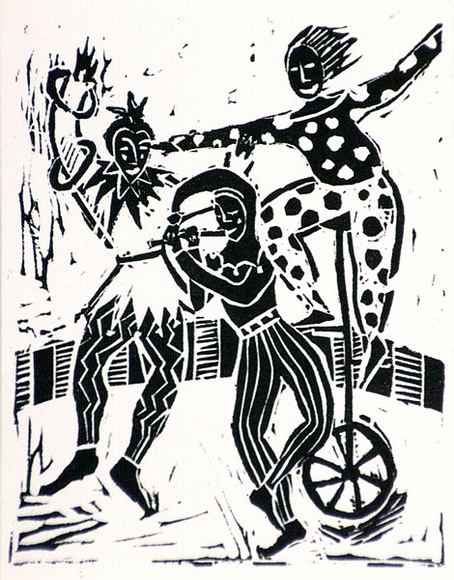 Artist: b'Scott, Mary.' | Title: b'Greeting card: Performing clowns' | Date: 1984 | Technique: b'linocut, printed in black ink, from one block'