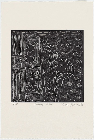 Artist: b'Bowen, Dean.' | Title: b'Country drive.' | Date: 1996 | Technique: b'linocut, printed in black ink, from one block' | Copyright: b'\xc2\xa9 Dean Bowen. Licensed by VISCOPY, Australia.'