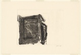 Artist: Tomescu, Aida. | Title: not titled [tonal surface with dark linear rectangle overlayed] | Date: 1986, September | Technique: etching and roulette, printed in black ink with plate-tone, from one plate; additions in black pencil | Copyright: © Aida Tomescu