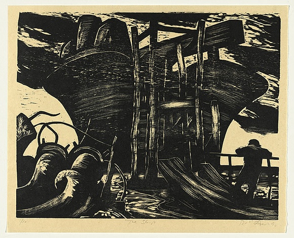 Artist: b'AMOR, Rick' | Title: b'The ship.' | Date: 1990 | Technique: b'woodcut, printed in black ink, from one block'