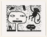 Artist: Green, Rona. | Title: not titled [sharp-toothed cartoon head with suspended monkey] | Date: 1999, September | Technique: linocut, printed in black ink, from one block