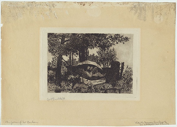 Artist: b'REYNOLDS, George' | Title: b'Man reading in a hammock.' | Date: 1888 | Technique: b'etching, printed in black ink, from one plate'