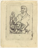 Title: b'not titled [man holding platter with severed heads]' | Date: 1950s-60s | Technique: b'lithograph, printed in black ink, from one stone'