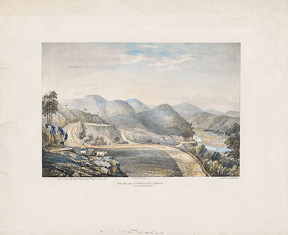 Artist: b'Westmacott, Robert Marsh.' | Title: b'Road near Portland Head. New South Wales' | Date: 1838 | Technique: b'lthograph, printed in black ink, from one stone; hand coloured'