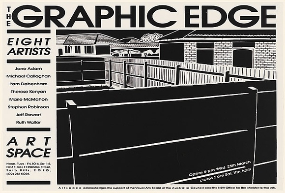 Artist: b'Stewart, Jeff.' | Title: b'The Graphic Edge. Eight artists... Art Space.' | Date: 1987 | Technique: b'screenprint, printed in black ink, from one stencil'