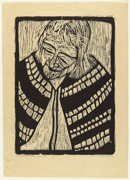 Artist: b'HANRAHAN, Barbara' | Title: b'Old woman with a shawl' | Date: 1962 | Technique: b'woodcut, printed in black ink, from one block'