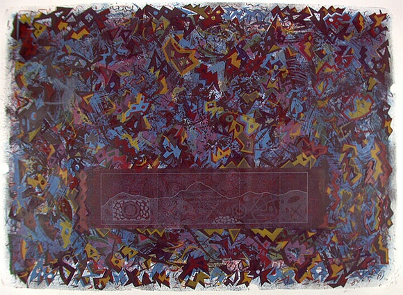 Artist: Wickham, Stephen. | Title: not titled [blue red and gold geometric abstraction with cross-section map in centre] | Date: 1985 | Technique: lithograph, printed in colour, from multiple stones | Copyright: Stephen Wickham is represented by Australian Galleries Works on paper Sydney & Stephen McLaughlan Gallery, Melbourne