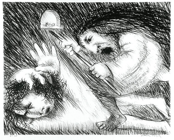 Artist: b'BOYD, Arthur' | Title: b'St Francis being beaten by his father.' | Date: (1965) | Technique: b'lithograph,printed in black ink, from one plate'