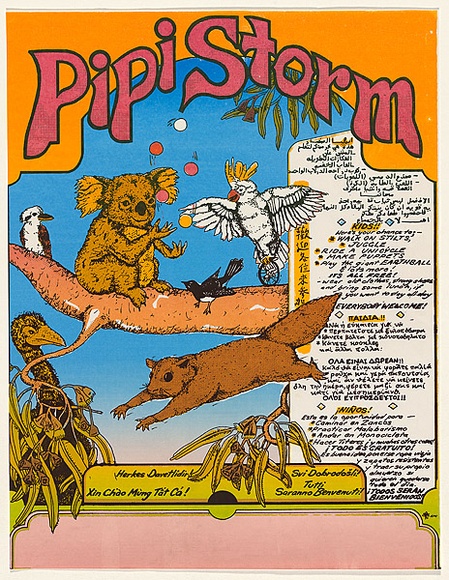 Artist: b'EARTHWORKS POSTER COLLECTIVE' | Title: b'Pipi storm.' | Date: 1978 | Technique: b'screenprint, printed in colour, from multiple screens'