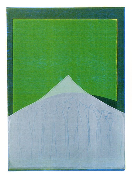 Artist: b'Buckley, Sue.' | Title: b'September.' | Date: 1974 | Technique: b'woodcut, printed in yellow ink, from one block; screenprint, printed in colour, from multiple stencils; lithograph, printed in blue ink, from one stone [or plate]' | Copyright: b'This work appears on screen courtesy of Sue Buckley and her sister Jean Hanrahan'