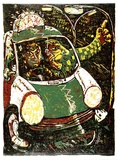 Artist: King, Peter. | Title: Two wild men in a taxi | Date: 12 May 1985 | Technique: linocut, printed in colour, from mutliple blocks