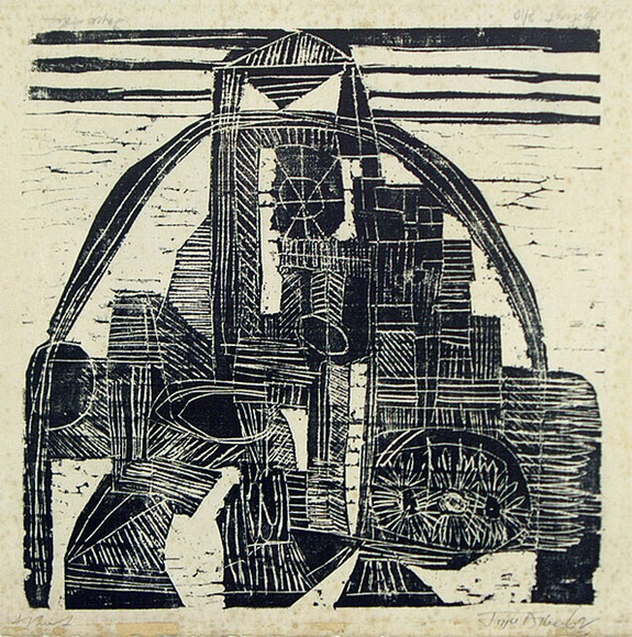 Artist: b'Allen, Joyce.' | Title: b'Abstract.' | Date: 1962 | Technique: b'linocut, printed in black ink, from one block'