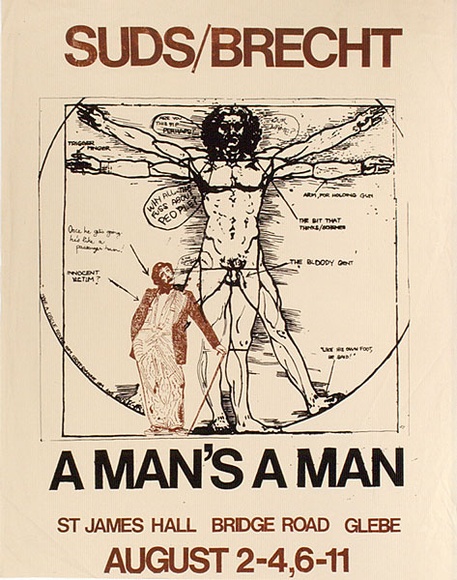 Artist: b'SYDNEY UNIVERSITY DRAMA SOCIETY' | Title: bSuds/Brecht: A Man's A Man | Date: 1975 | Technique: b'screenprint, printed in colour, from multiple stencils'