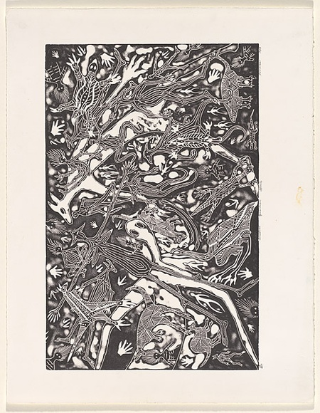 Title: b'Ancestral guardian spirits' | Date: 1988 | Technique: b'linocut and caustic etching, printed in black ink, from one block'