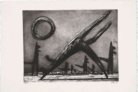 Artist: b'Kelly, John.' | Title: b'A dark night' | Date: 2002 | Technique: b'etching and aquatint, printed in black ink, from one plate' | Copyright: b'\xc2\xa9 John Kelly. Licensed by VISCOPY, Australia.'