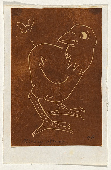 Artist: b'Bell, George..' | Title: b'(Chicken and bee).' | Technique: b'linocut, printed in brown ink, from one block'