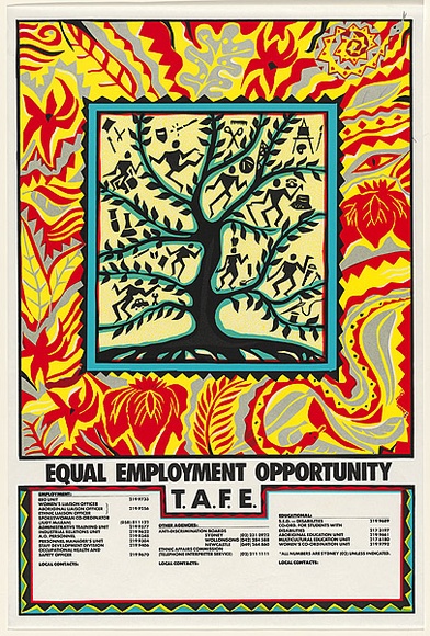 Artist: b'Fieldsend, Jan.' | Title: b'Equal Employment Opportunity TAFE.' | Date: 1987 | Technique: b'screenprint, printed in colour, from five stencils'